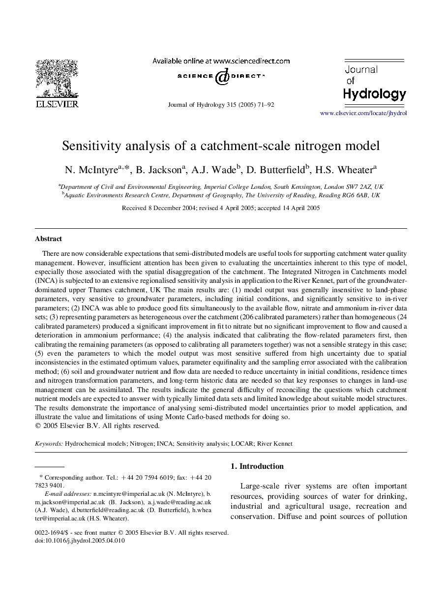 Sensitivity analysis of a catchment-scale nitrogen model