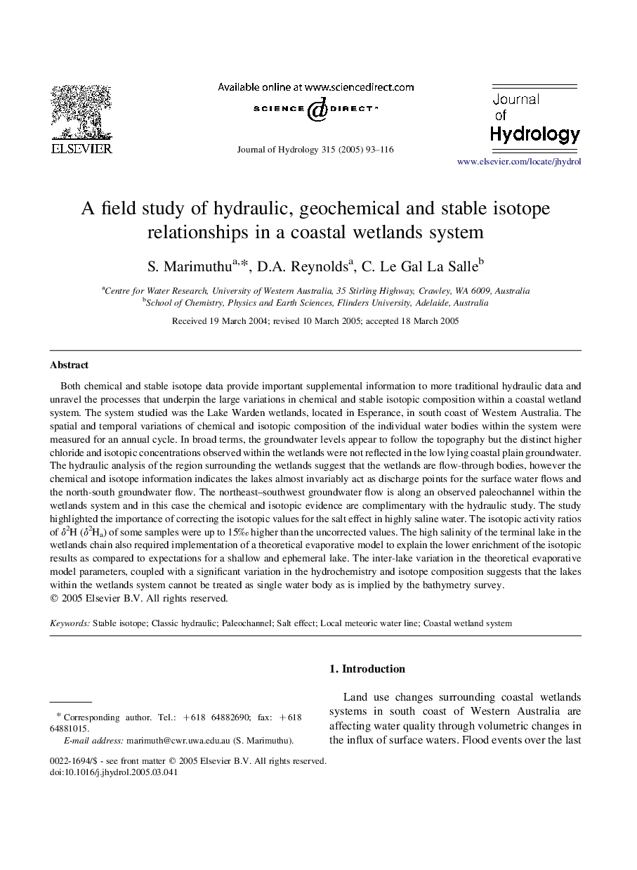 A field study of hydraulic, geochemical and stable isotope relationships in a coastal wetlands system