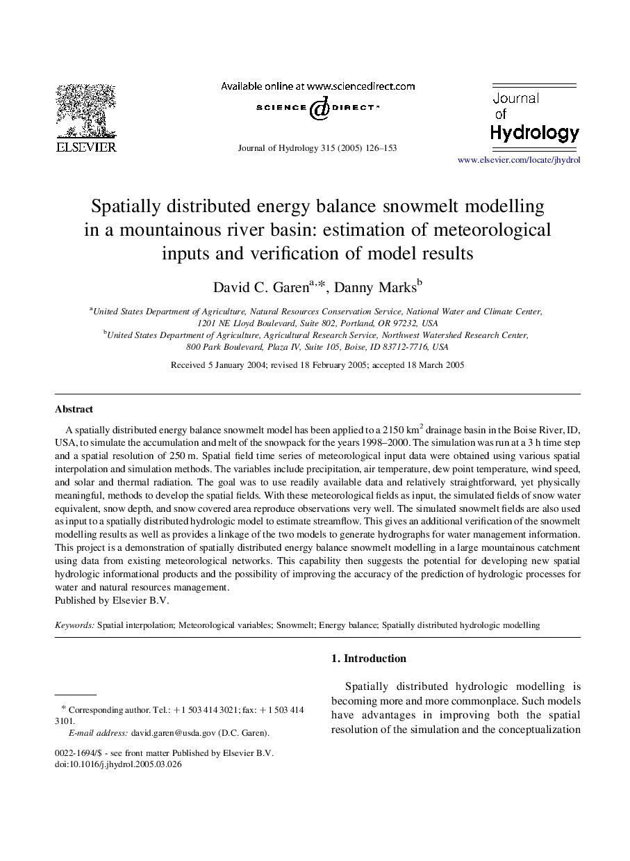 Spatially distributed energy balance snowmelt modelling in a mountainous river basin: estimation of meteorological inputs and verification of model results