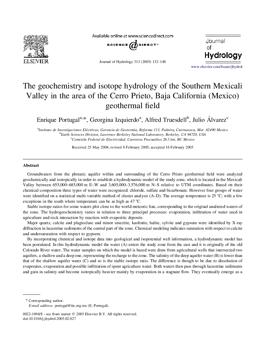 The geochemistry and isotope hydrology of the Southern Mexicali Valley in the area of the Cerro Prieto, Baja California (Mexico) geothermal field