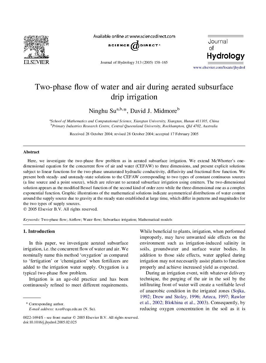 Two-phase flow of water and air during aerated subsurface drip irrigation