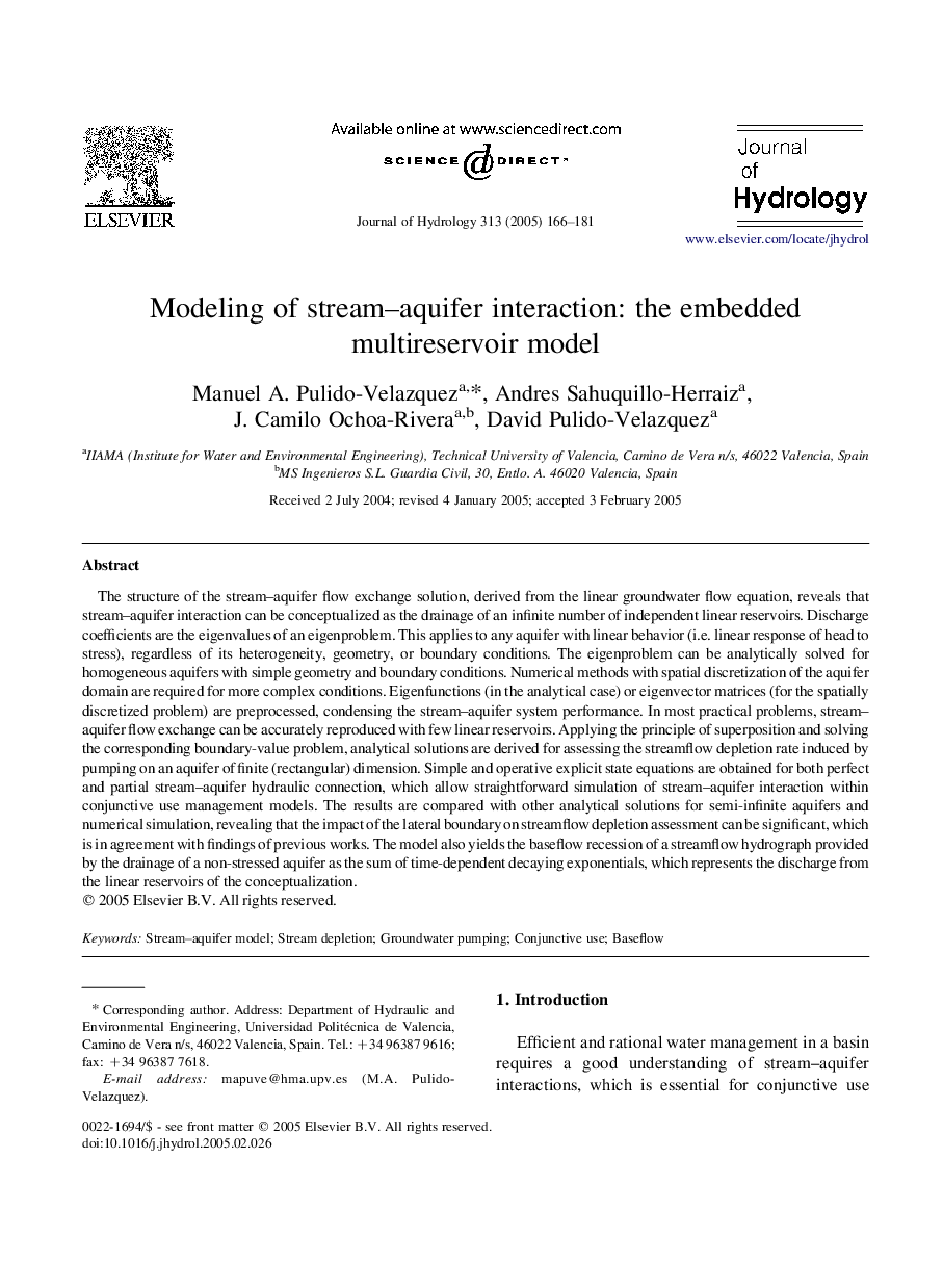 Modeling of stream-aquifer interaction: the embedded multireservoir model