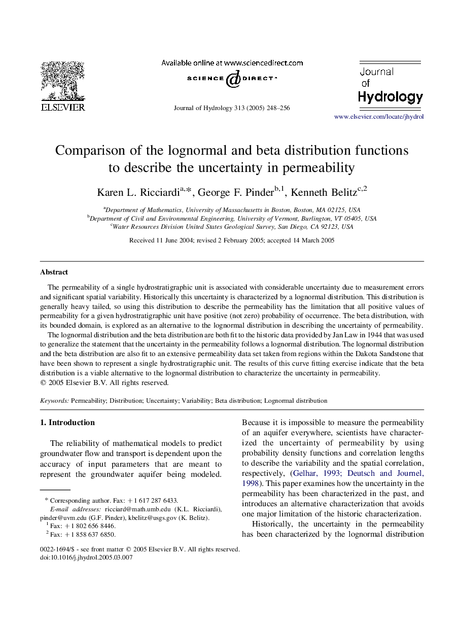 Comparison of the lognormal and beta distribution functions to describe the uncertainty in permeability