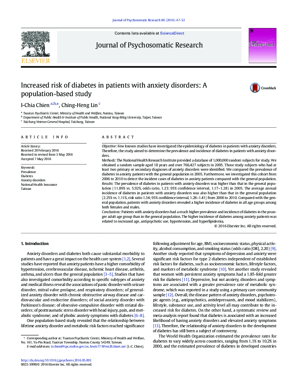 Increased risk of diabetes in patients with anxiety disorders: A population-based study