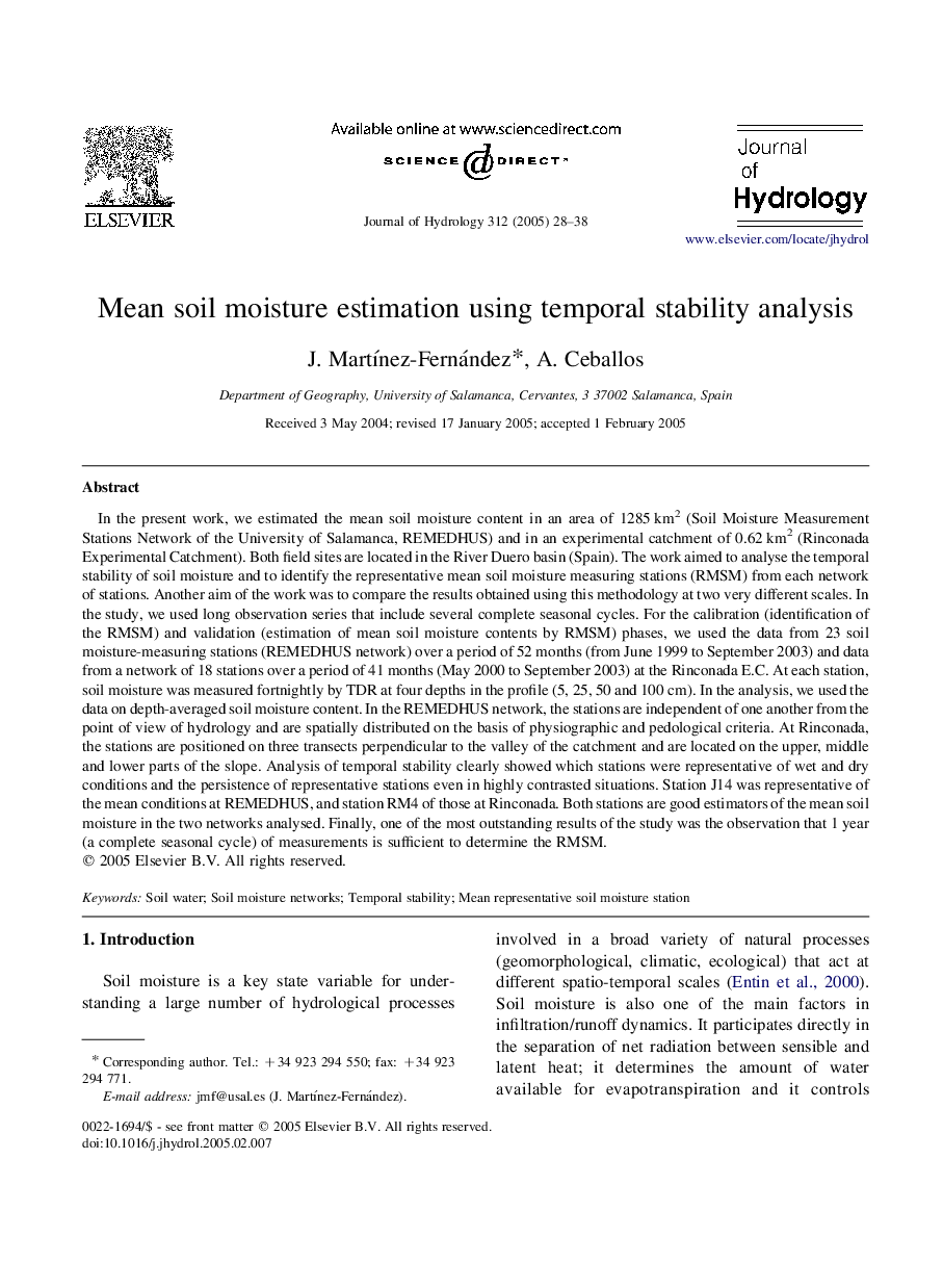 Mean soil moisture estimation using temporal stability analysis