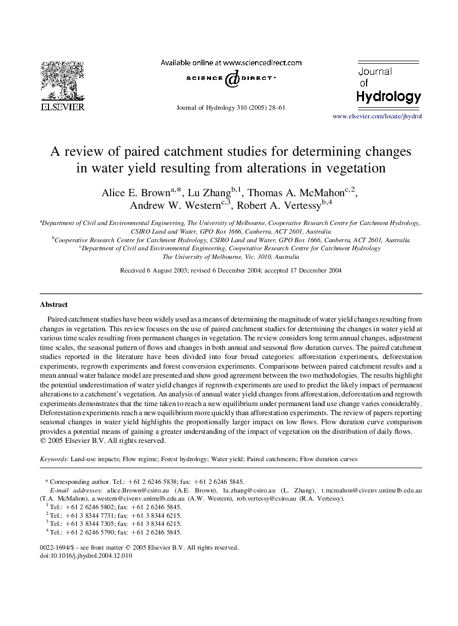 A review of paired catchment studies for determining changes in water yield resulting from alterations in vegetation