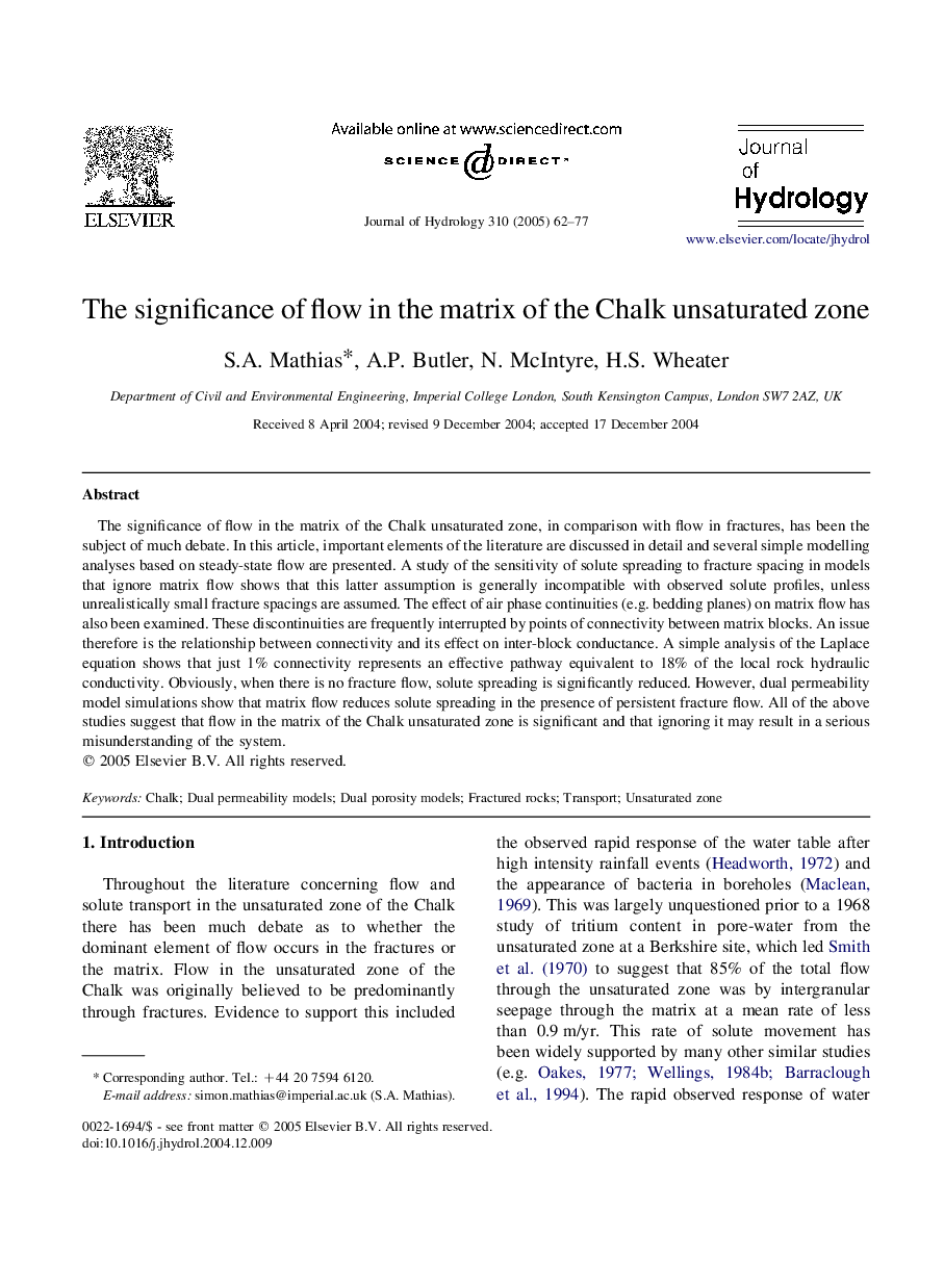 The significance of flow in the matrix of the Chalk unsaturated zone