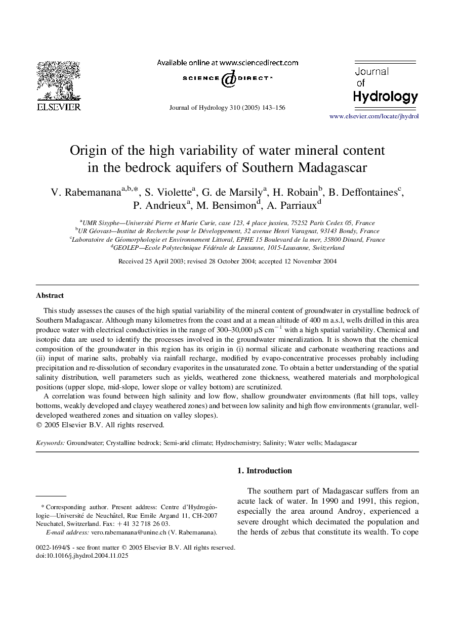 Origin of the high variability of water mineral content in the bedrock aquifers of Southern Madagascar