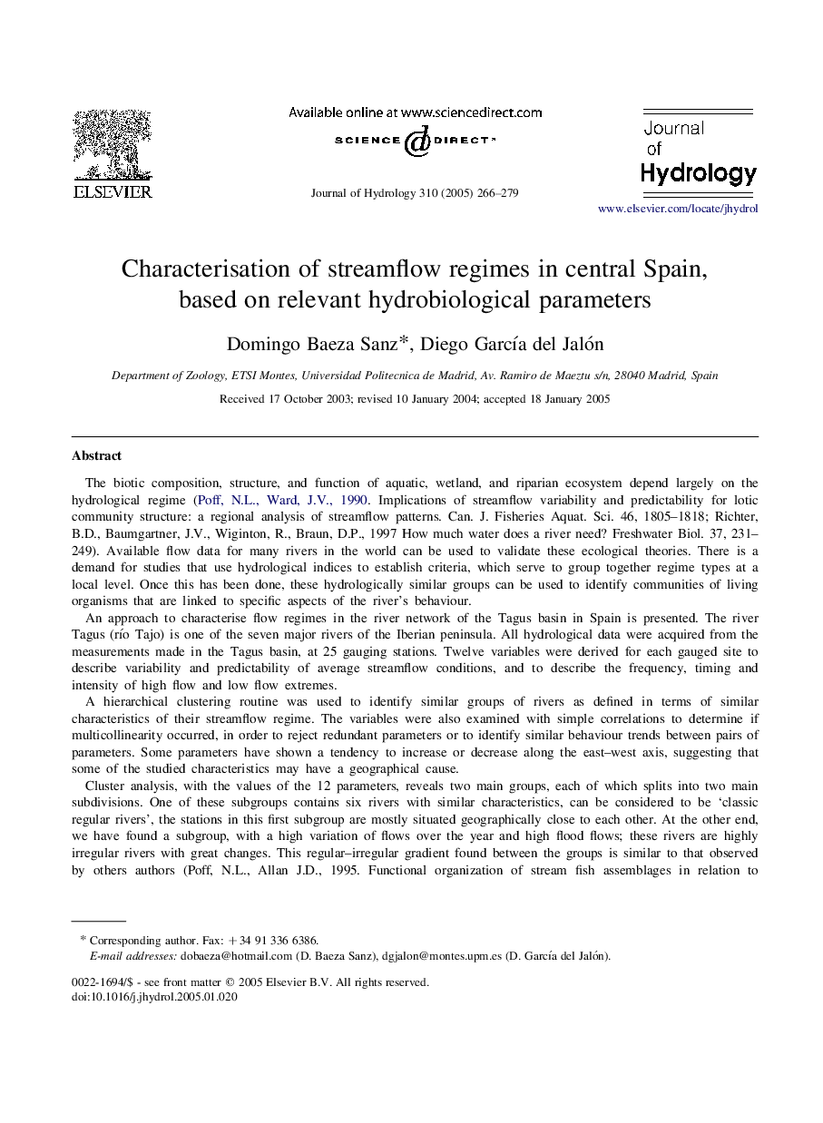 Characterisation of streamflow regimes in central Spain, based on relevant hydrobiological parameters