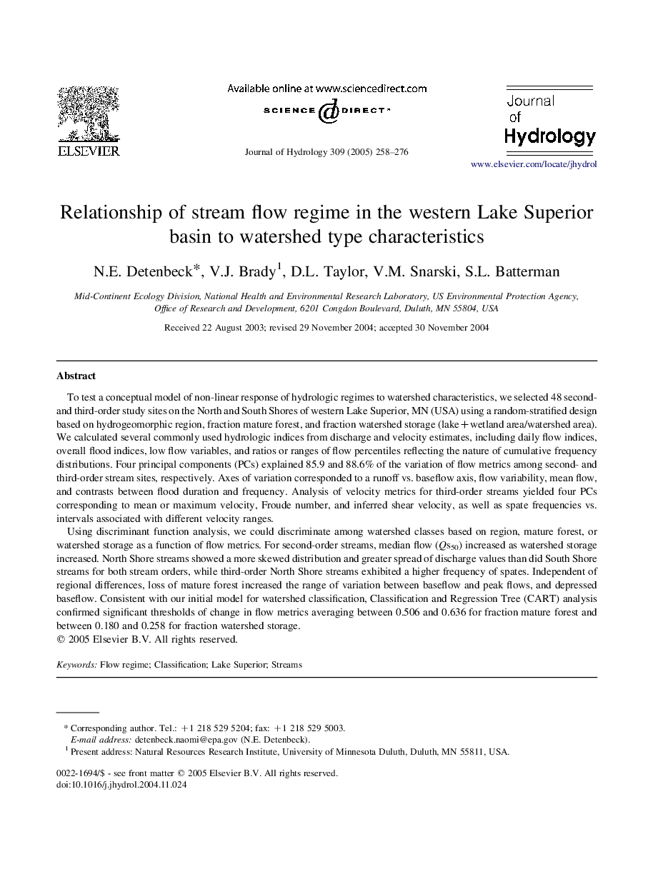 Relationship of stream flow regime in the western Lake Superior basin to watershed type characteristics