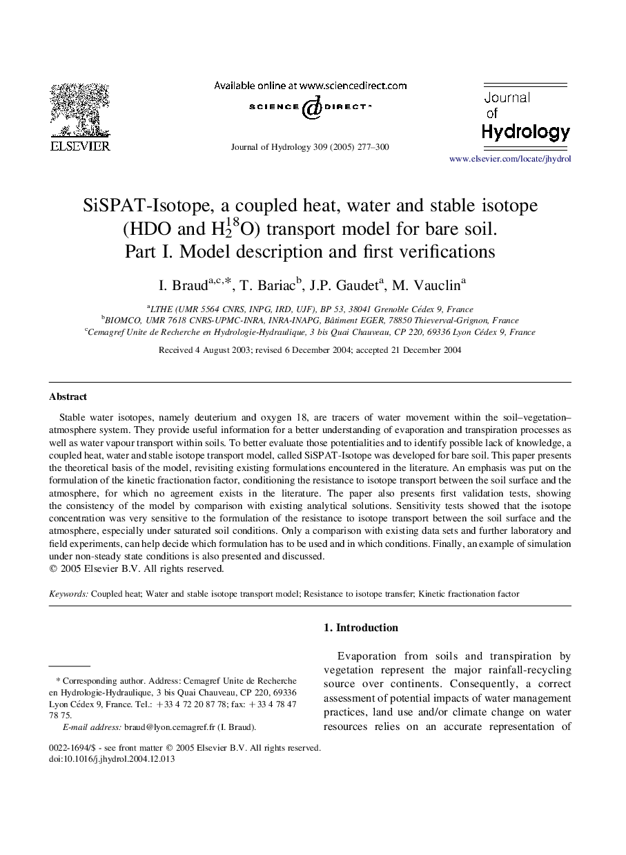 SiSPAT-Isotope, a coupled heat, water and stable isotope (HDO and H218O) transport model for bare soil. Part I. Model description and first verifications