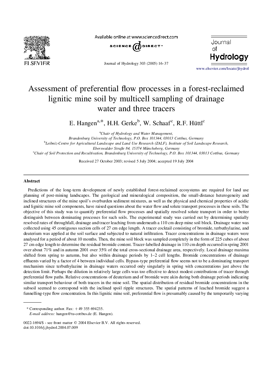 Assessment of preferential flow processes in a forest-reclaimed lignitic mine soil by multicell sampling of drainage water and three tracers