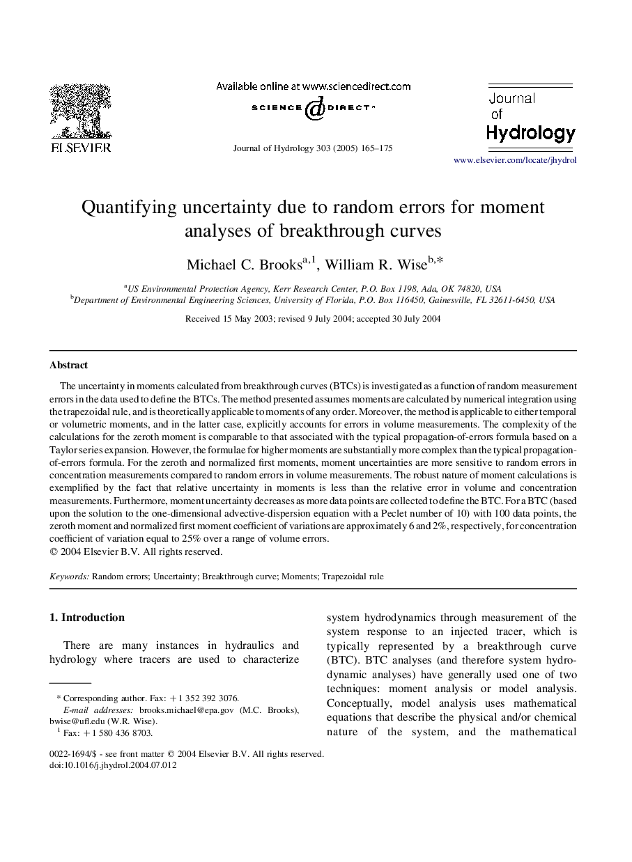 Quantifying uncertainty due to random errors for moment analyses of breakthrough curves