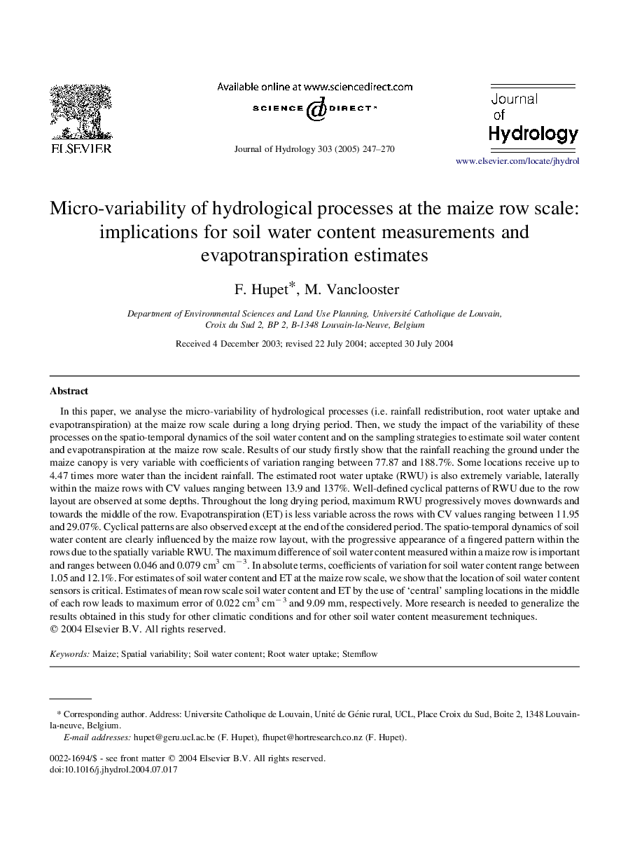 Micro-variability of hydrological processes at the maize row scale: implications for soil water content measurements and evapotranspiration estimates