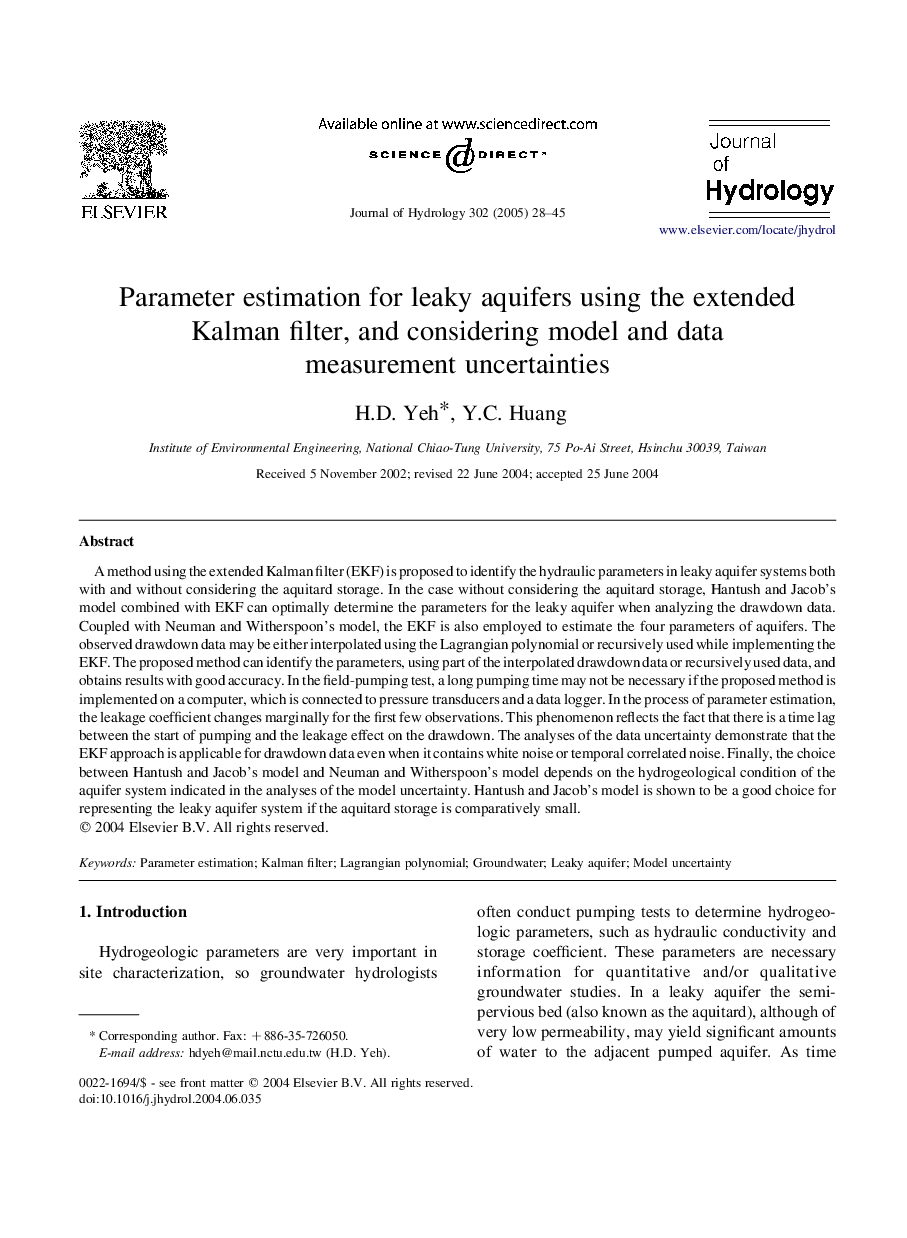 Parameter estimation for leaky aquifers using the extended Kalman filter, and considering model and data measurement uncertainties