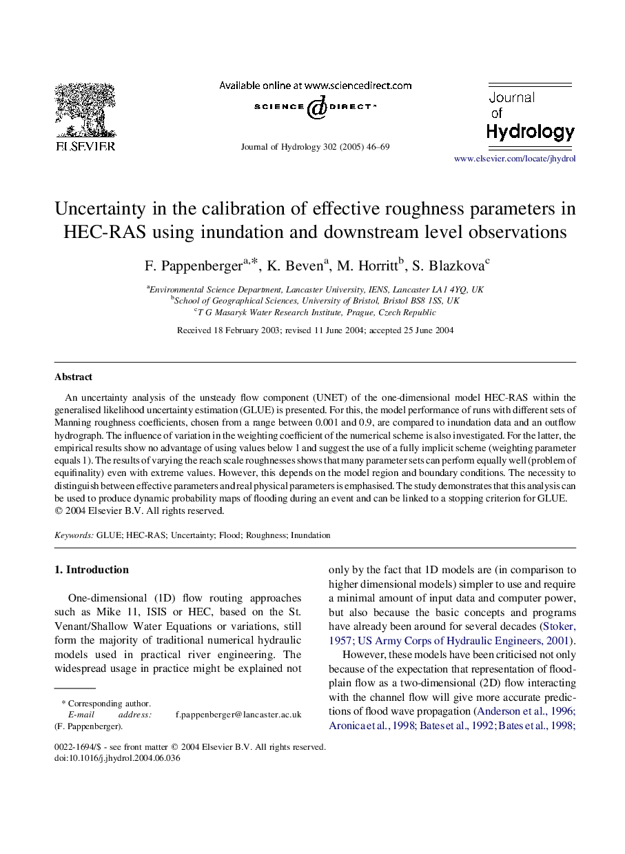 Uncertainty in the calibration of effective roughness parameters in HEC-RAS using inundation and downstream level observations