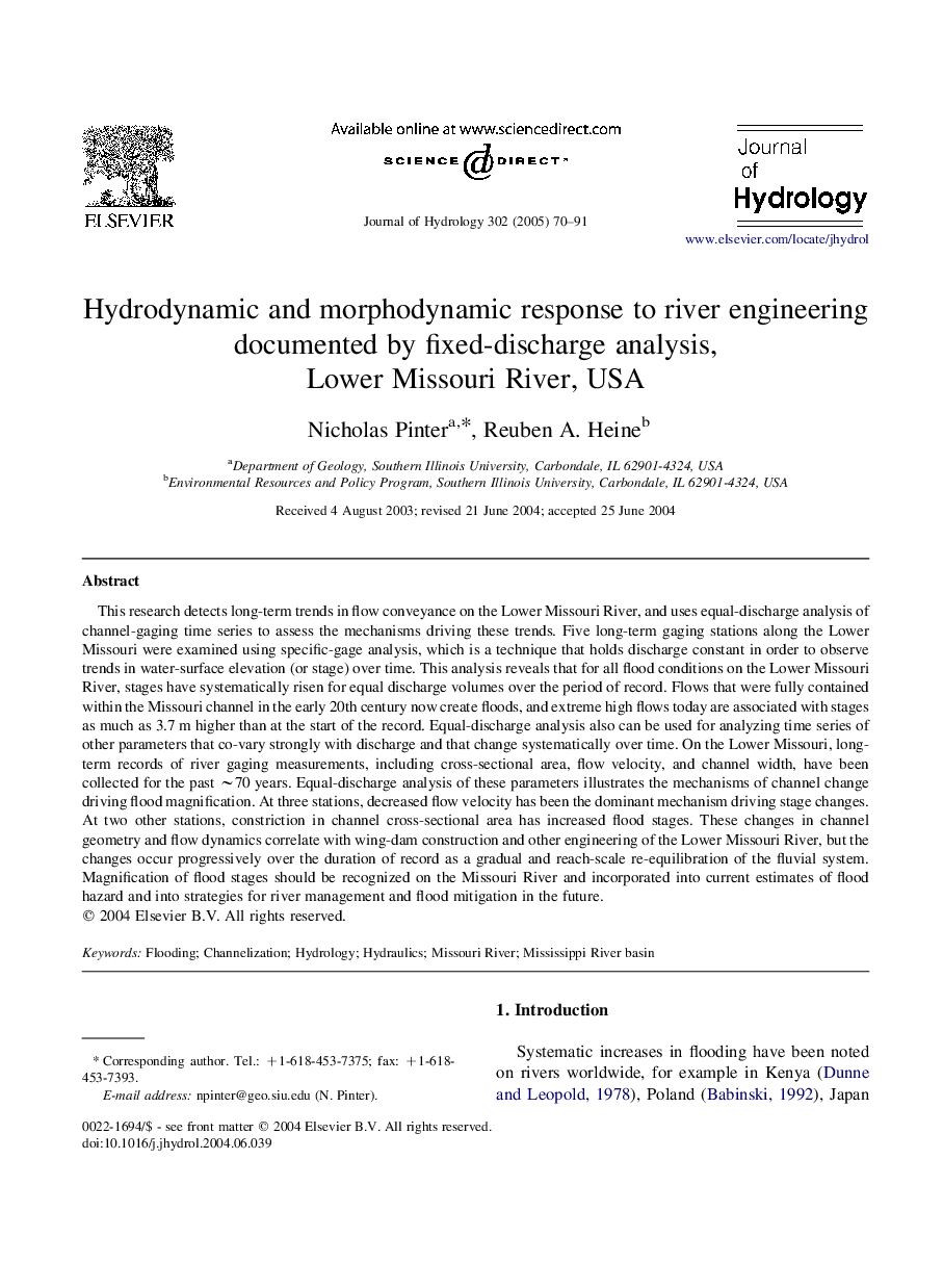 Hydrodynamic and morphodynamic response to river engineering documented by fixed-discharge analysis, Lower Missouri River, USA