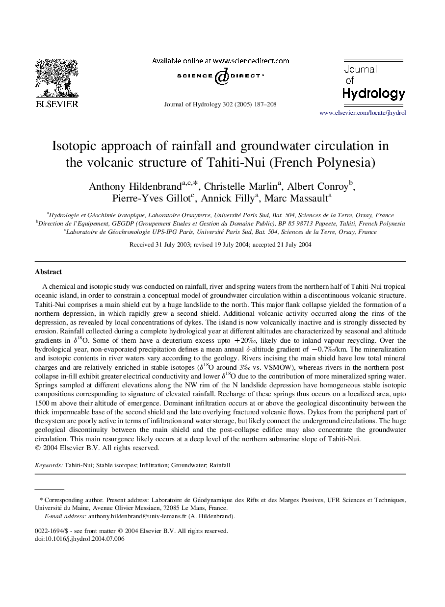 Isotopic approach of rainfall and groundwater circulation in the volcanic structure of Tahiti-Nui (French Polynesia)