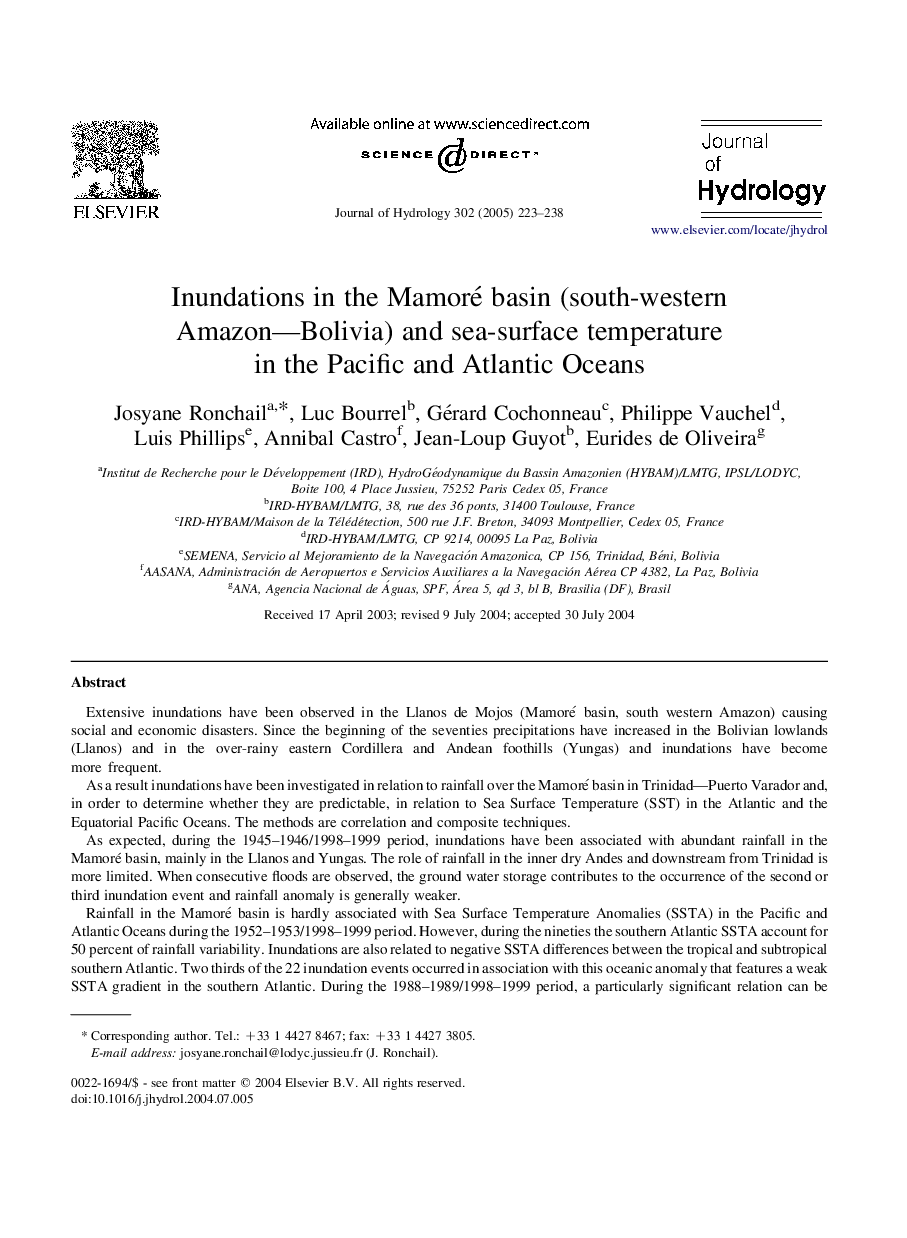 Inundations in the Mamoré basin (south-western Amazon-Bolivia) and sea-surface temperature in the Pacific and Atlantic Oceans