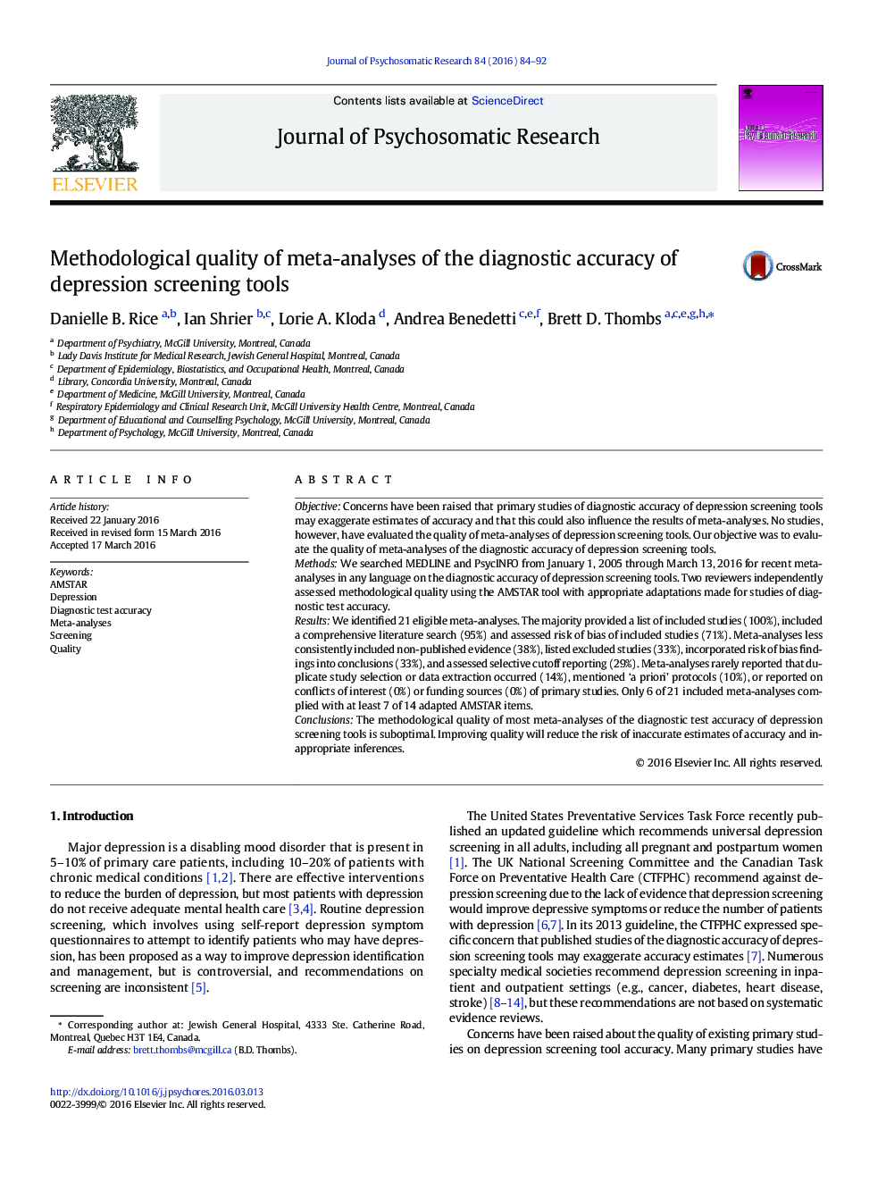 Methodological quality of meta-analyses of the diagnostic accuracy of depression screening tools