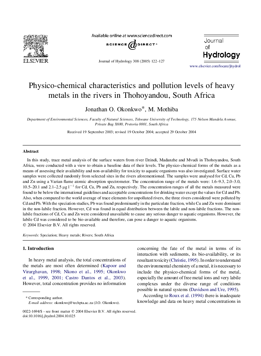 Physico-chemical characteristics and pollution levels of heavy metals in the rivers in Thohoyandou, South Africa