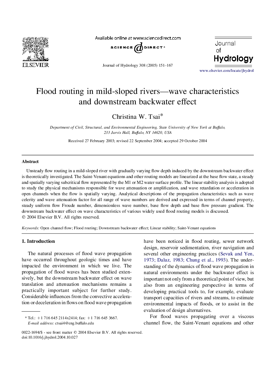 Flood routing in mild-sloped rivers-wave characteristics and downstream backwater effect