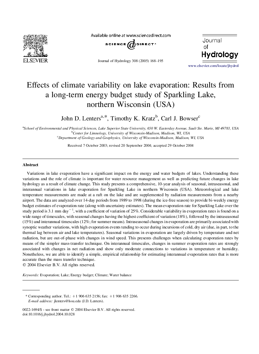 عکس صفحه اول مقاله: Effects of climate variability on lake evaporation: Results from a long-term energy budget study of Sparkling Lake, northern Wisconsin (USA) Effects of climate variability on lake evaporation: Results from a long-term energy budget study of Sparkling Lake, northern Wisconsin (USA)