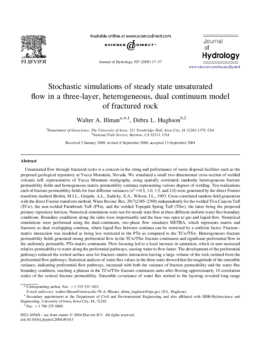 Stochastic simulations of steady state unsaturated flow in a three-layer, heterogeneous, dual continuum model of fractured rock