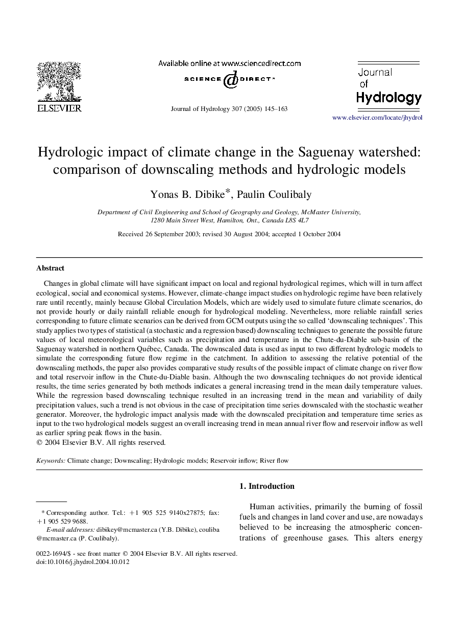 Hydrologic impact of climate change in the Saguenay watershed: comparison of downscaling methods and hydrologic models