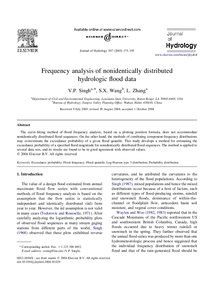 Frequency analysis of nonidentically distributed hydrologic flood data