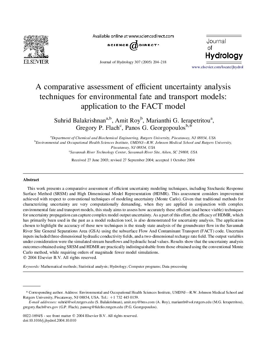 A comparative assessment of efficient uncertainty analysis techniques for environmental fate and transport models: application to the FACT model