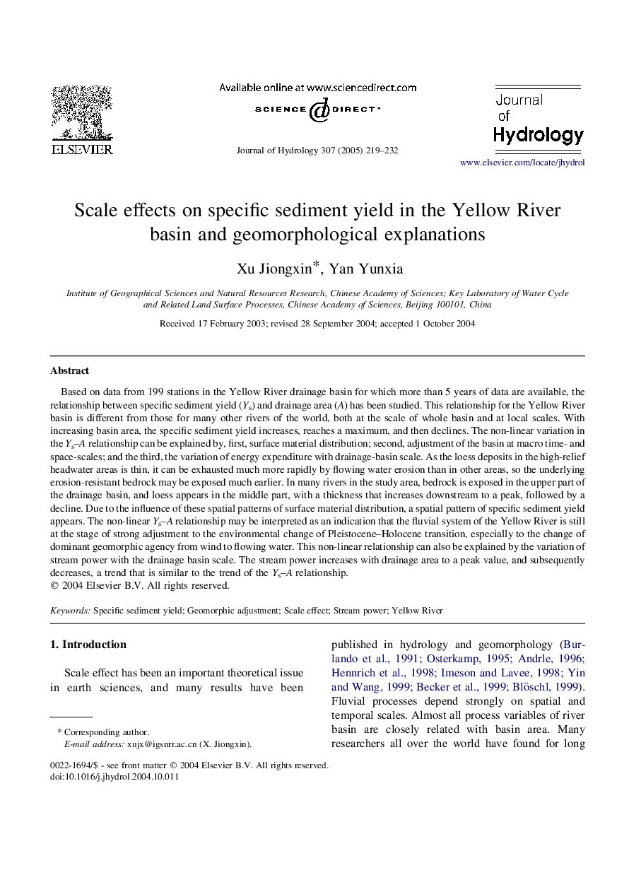 Scale effects on specific sediment yield in the Yellow River basin and geomorphological explanations