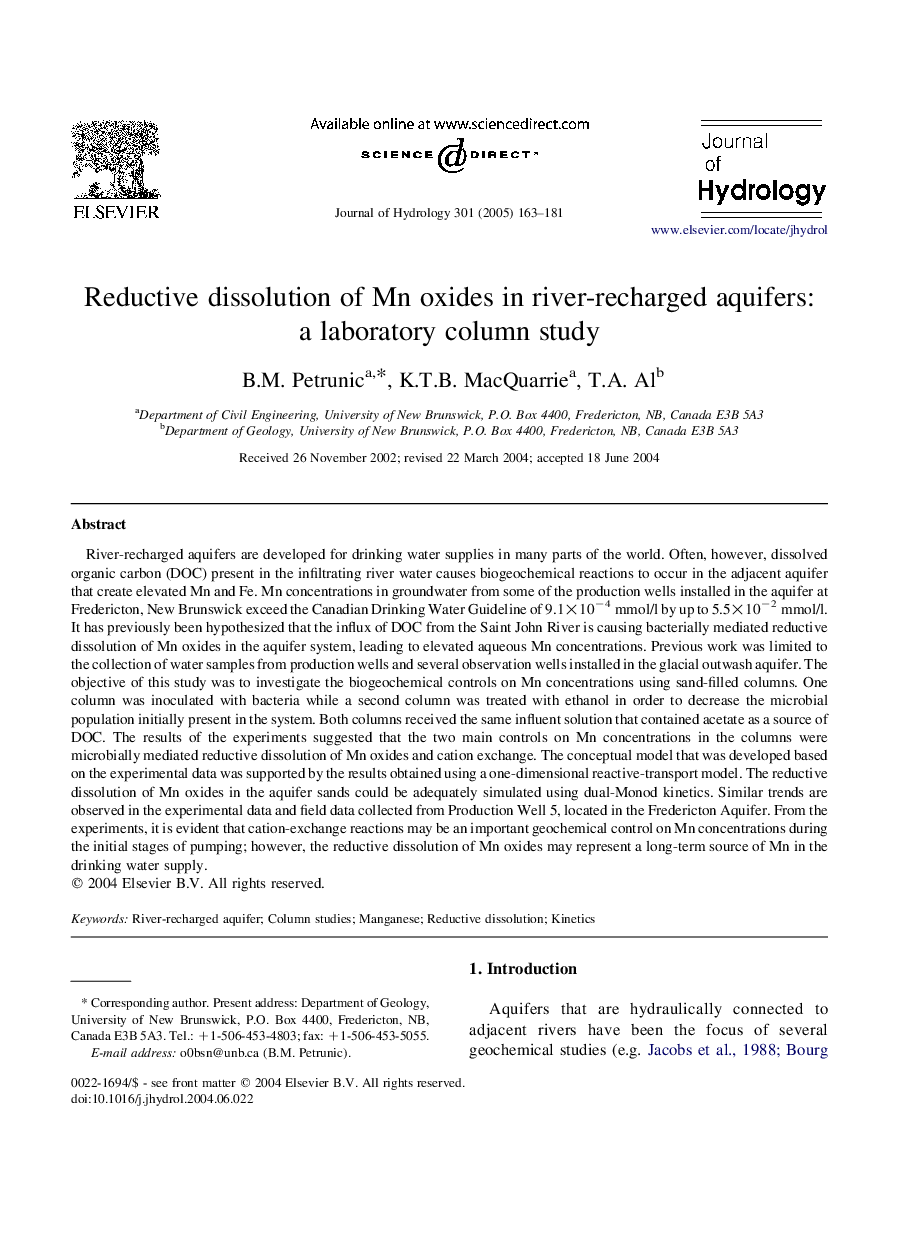 Reductive dissolution of Mn oxides in river-recharged aquifers: a laboratory column study