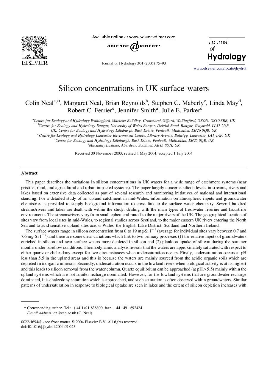 Silicon concentrations in UK surface waters