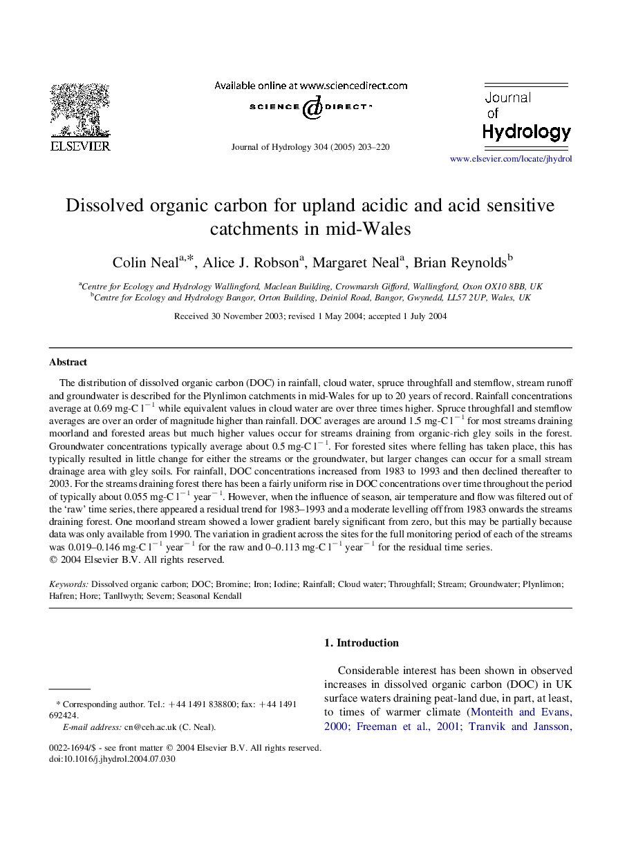 عکس صفحه اول مقاله: Dissolved organic carbon for upland acidic and acid sensitive catchments in mid-Wales Dissolved organic carbon for upland acidic and acid sensitive catchments in mid-Wales