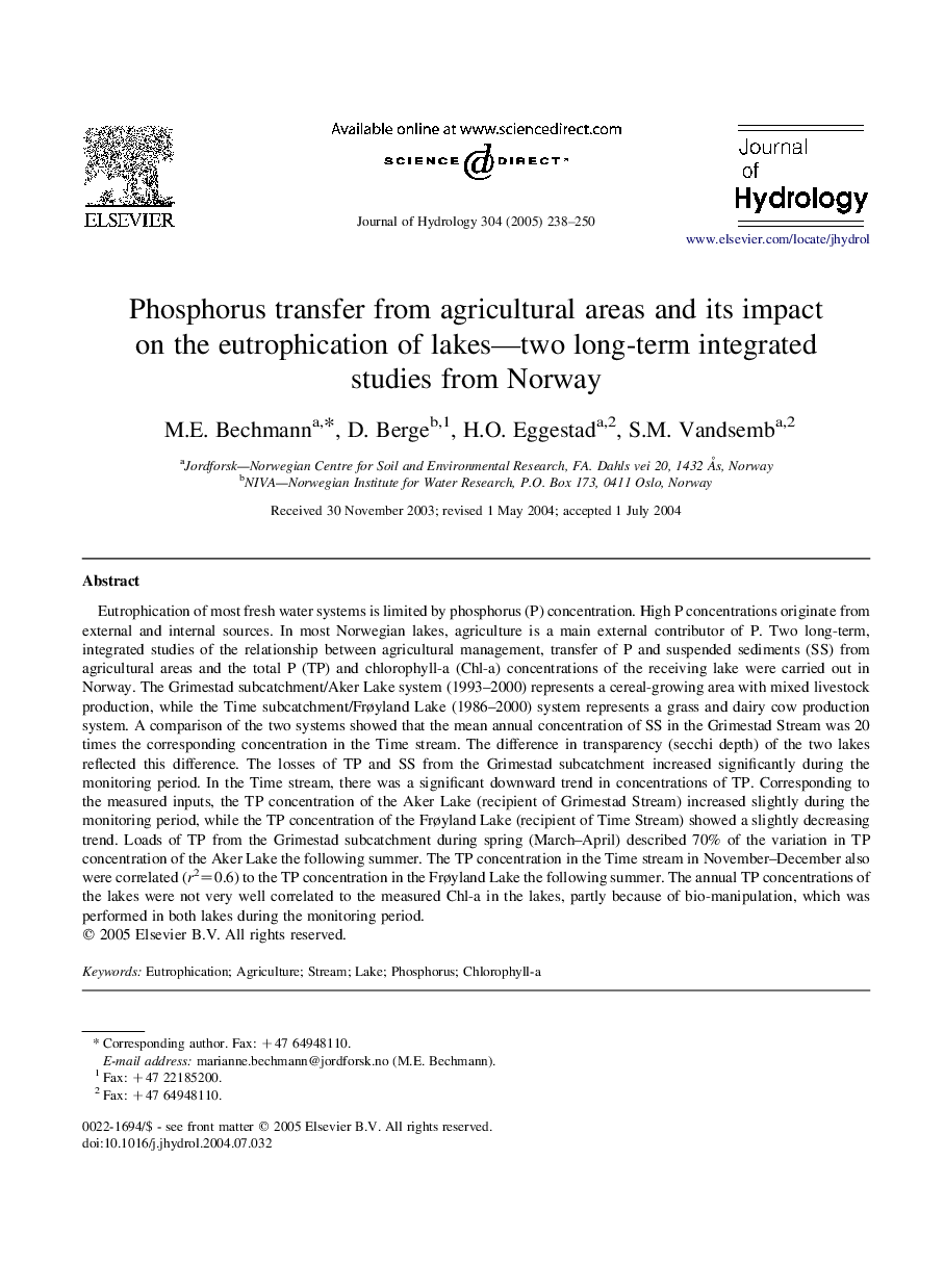 Phosphorus transfer from agricultural areas and its impact on the eutrophication of lakes-two long-term integrated studies from Norway