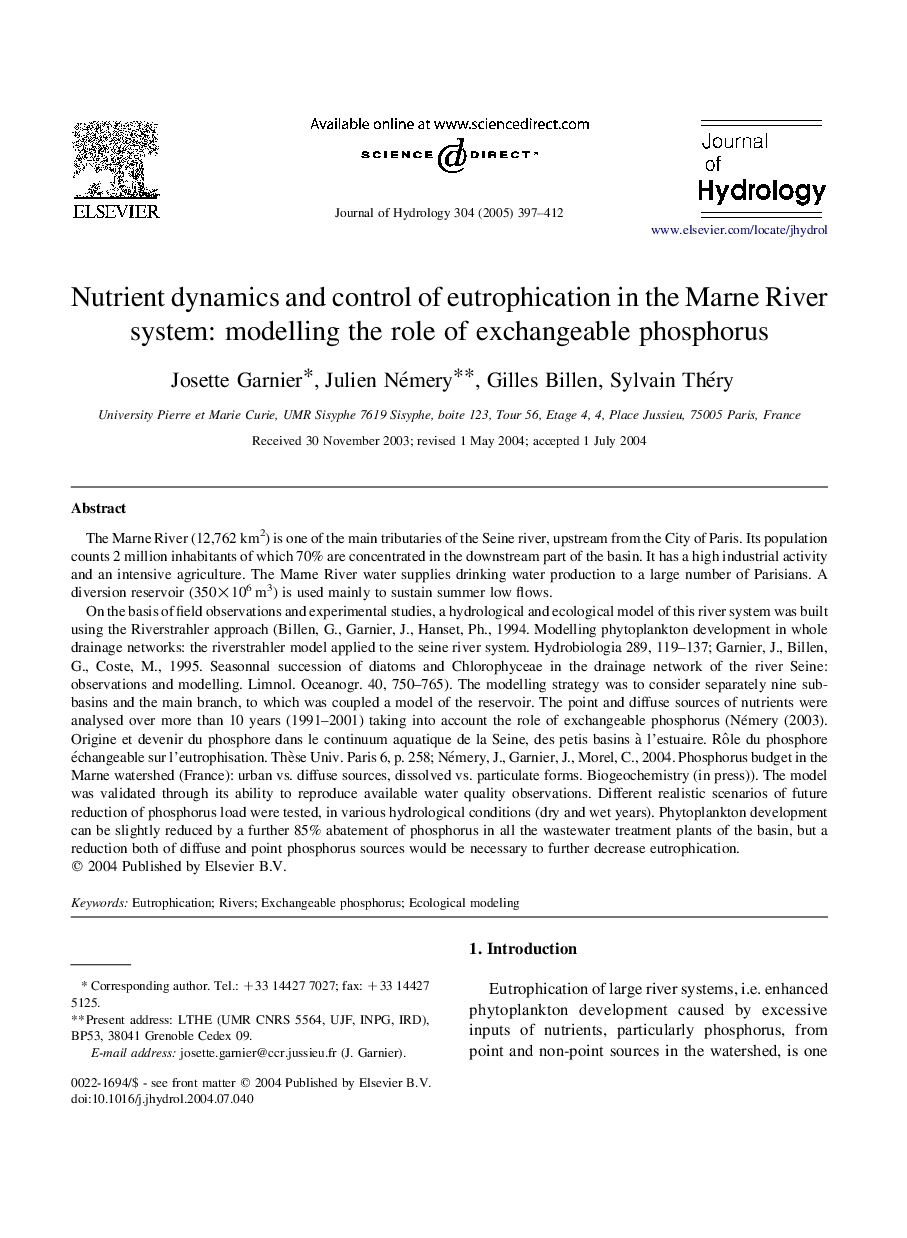 Nutrient dynamics and control of eutrophication in the Marne River system: modelling the role of exchangeable phosphorus