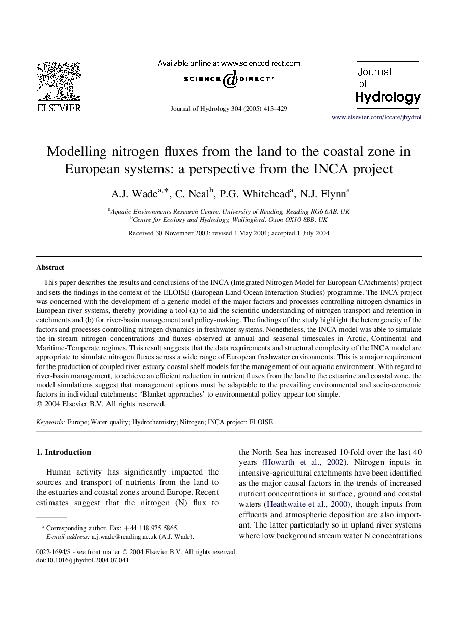 Modelling nitrogen fluxes from the land to the coastal zone in European systems: a perspective from the INCA project