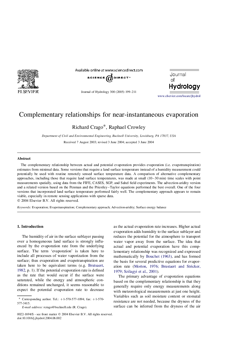 Complementary relationships for near-instantaneous evaporation