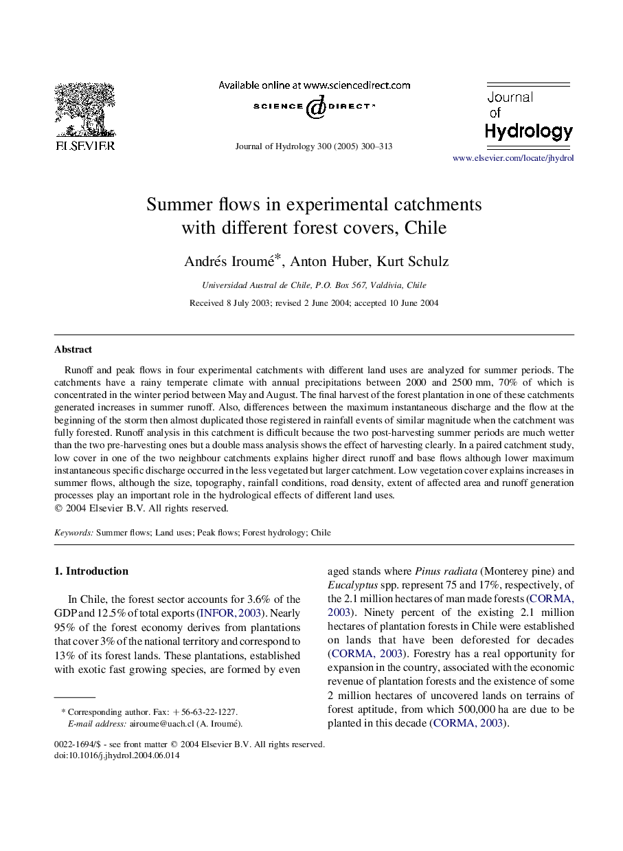 Summer flows in experimental catchments with different forest covers, Chile