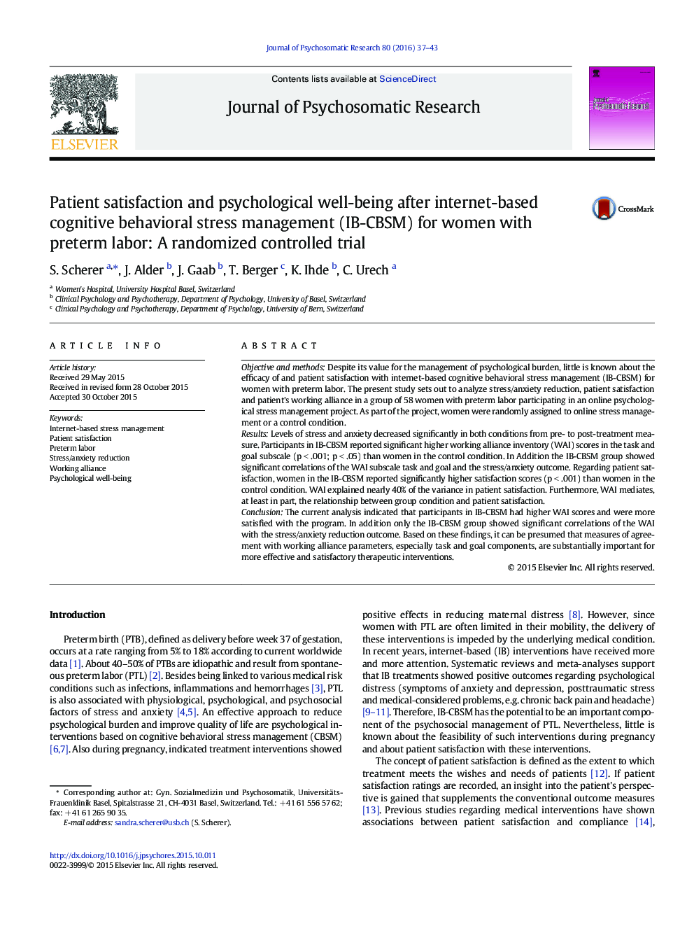 Patient satisfaction and psychological well-being after internet-based cognitive behavioral stress management (IB-CBSM) for women with preterm labor: A randomized controlled trial