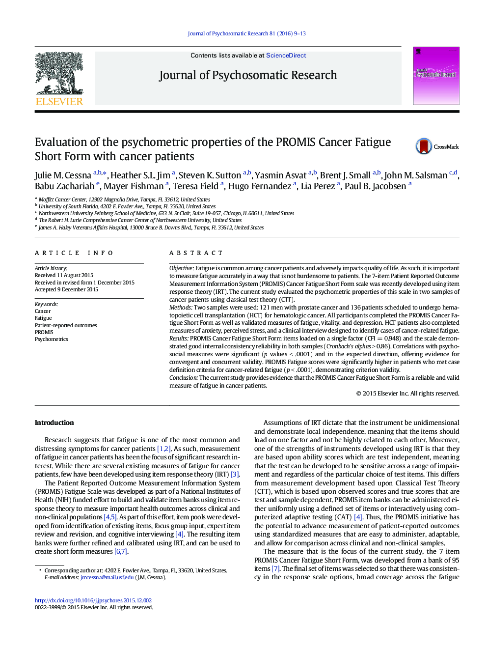 Evaluation of the psychometric properties of the PROMIS Cancer Fatigue Short Form with cancer patients