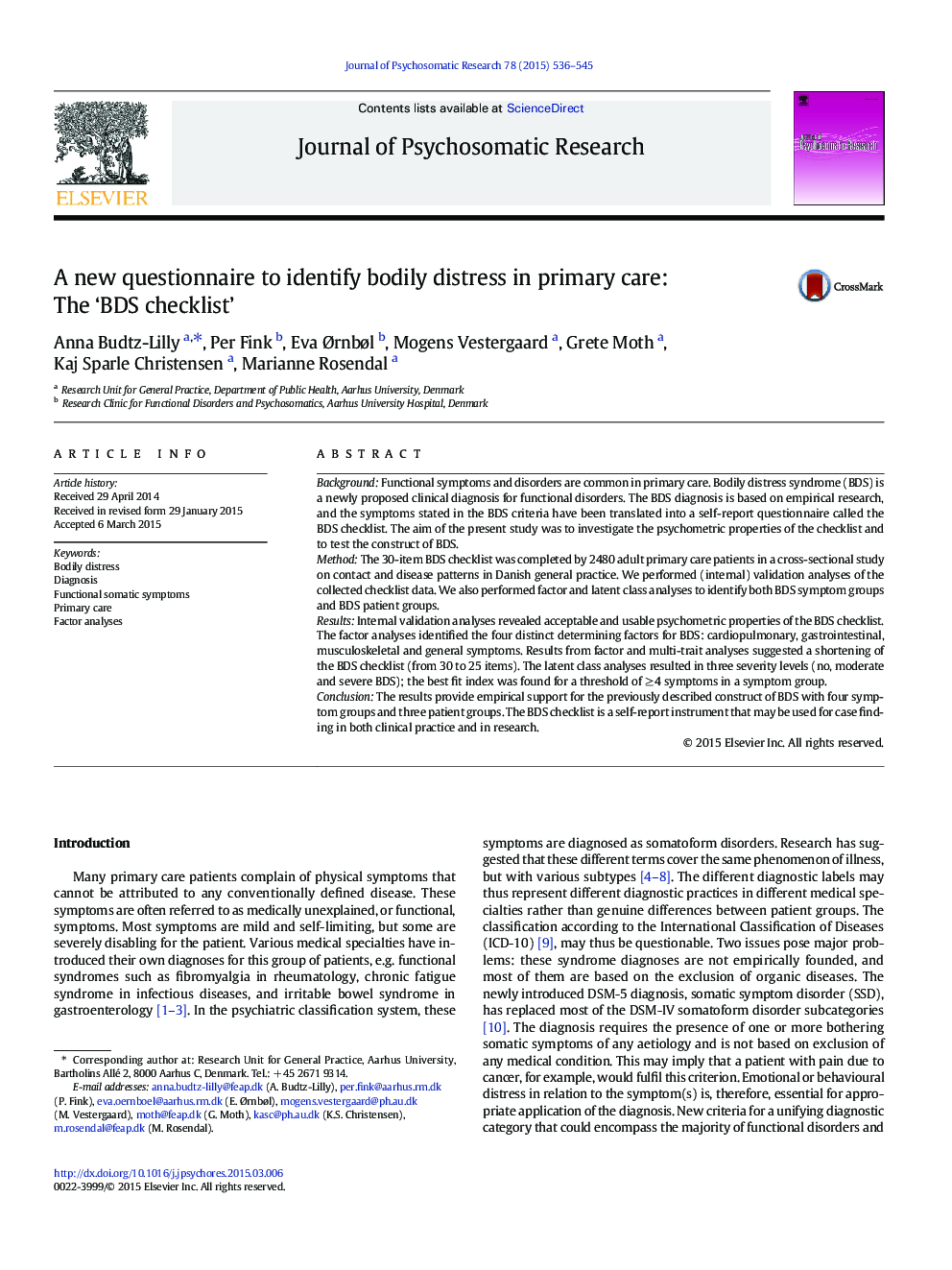 A new questionnaire to identify bodily distress in primary care: The ‘BDS checklist’