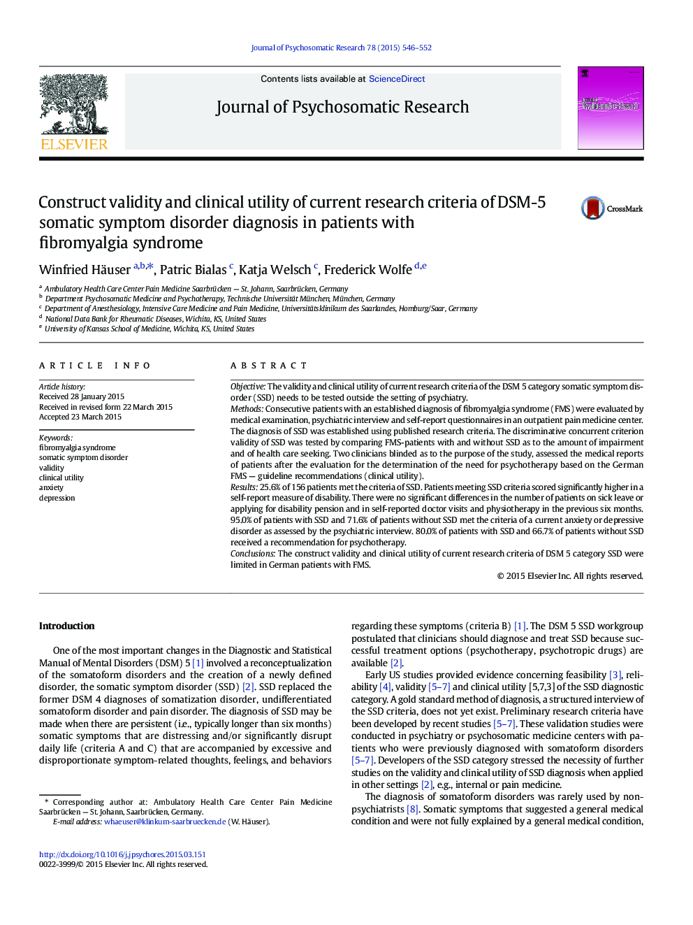 Construct validity and clinical utility of current research criteria of DSM-5 somatic symptom disorder diagnosis in patients with fibromyalgia syndrome