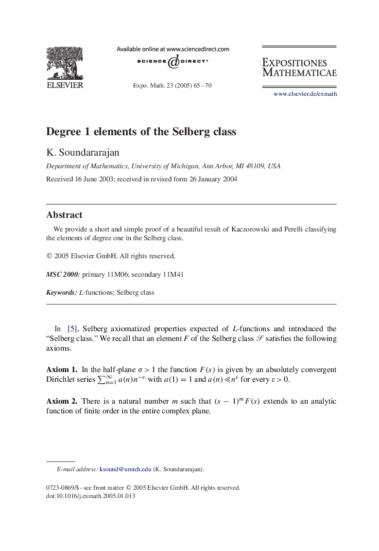 Degree 1 elements of the Selberg class