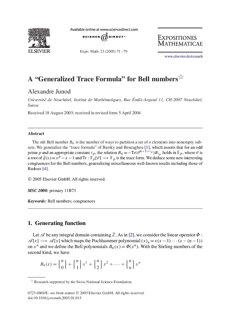 A “Generalized Trace Formula” for Bell numbers