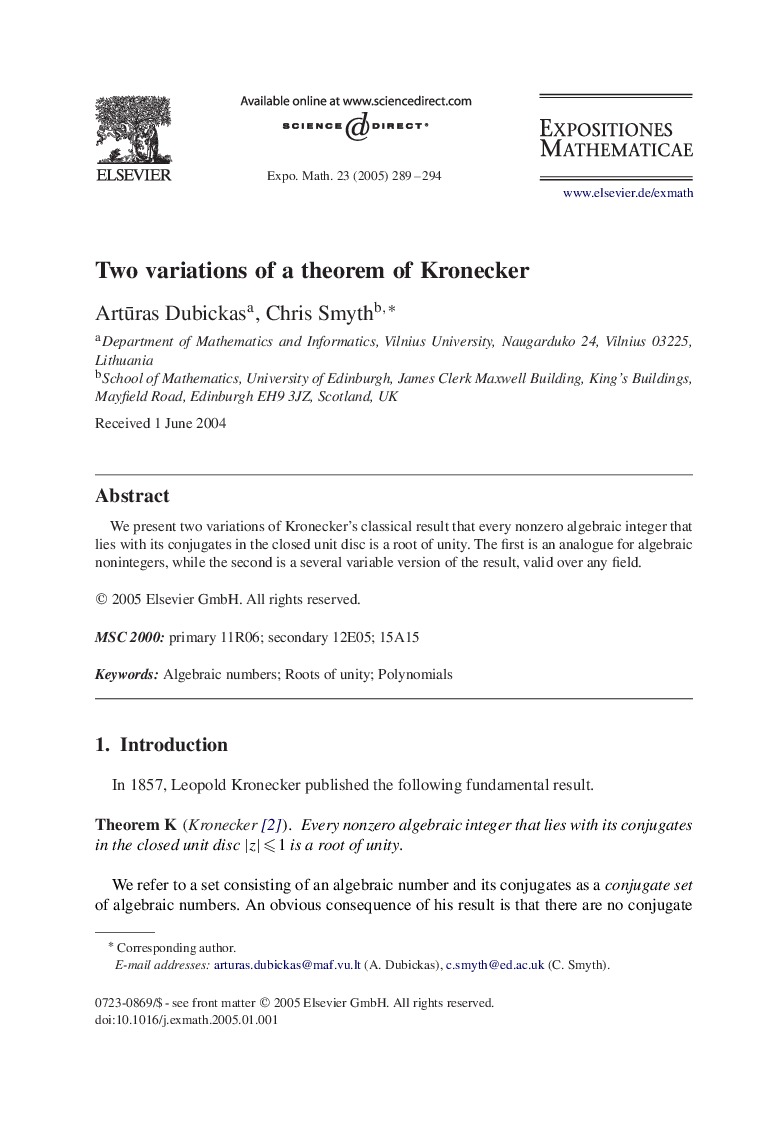 Two variations of a theorem of Kronecker