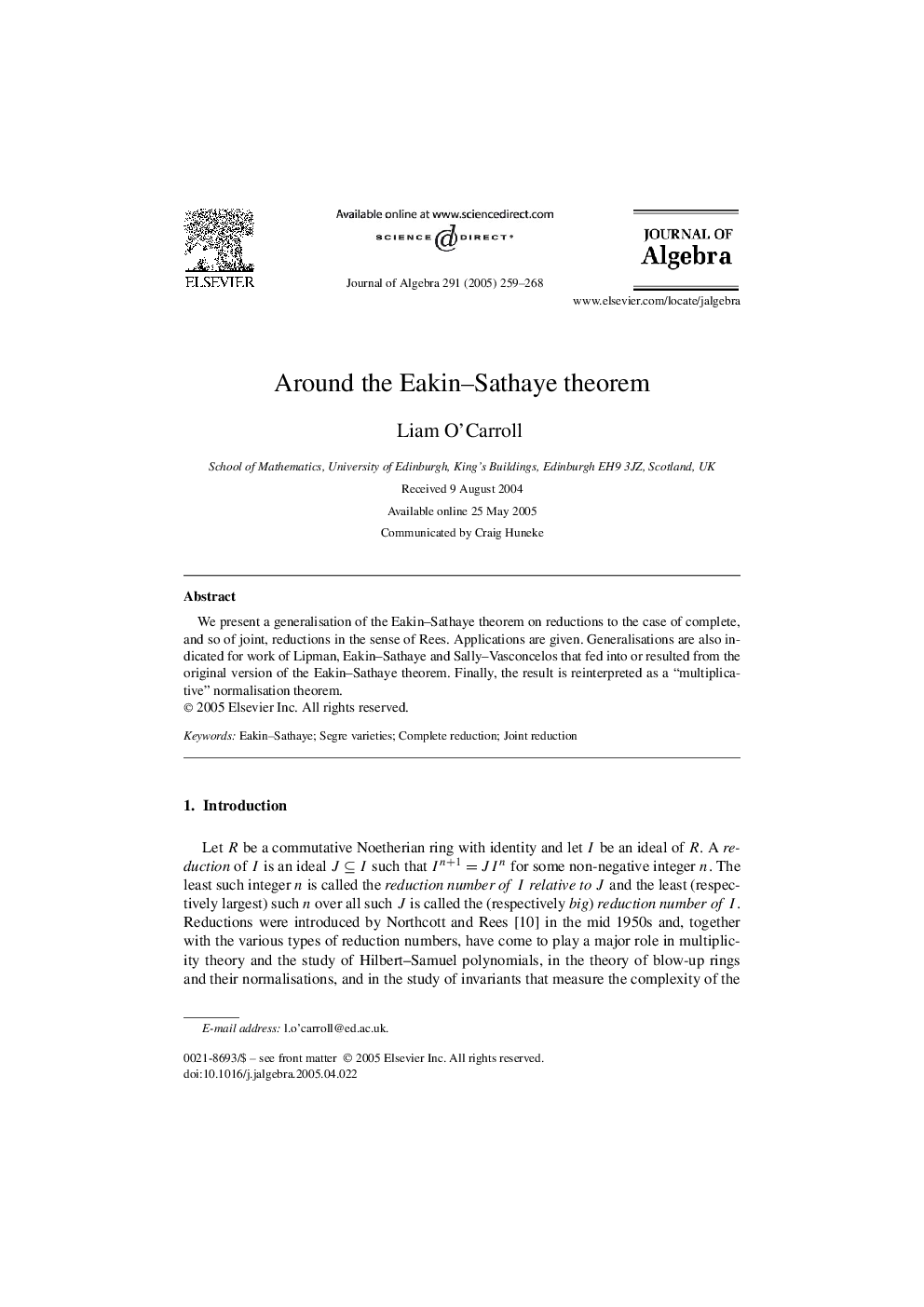 Around the Eakin-Sathaye theorem