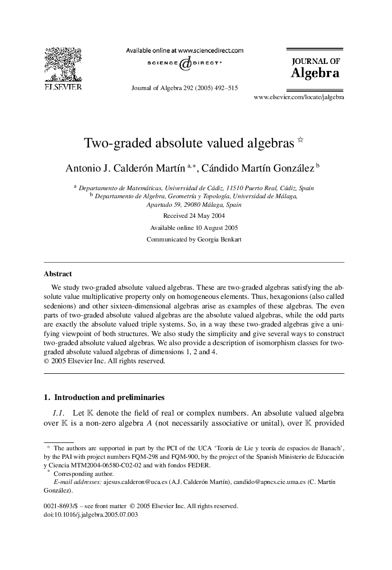 Two-graded absolute valued algebras