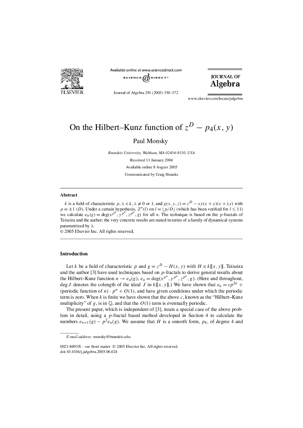 On the Hilbert-Kunz function of zDâp4(x,y)